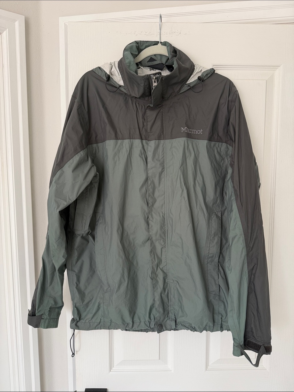 Marmot Two-Tone Green and Dark Gray Hooded Rain Jacket